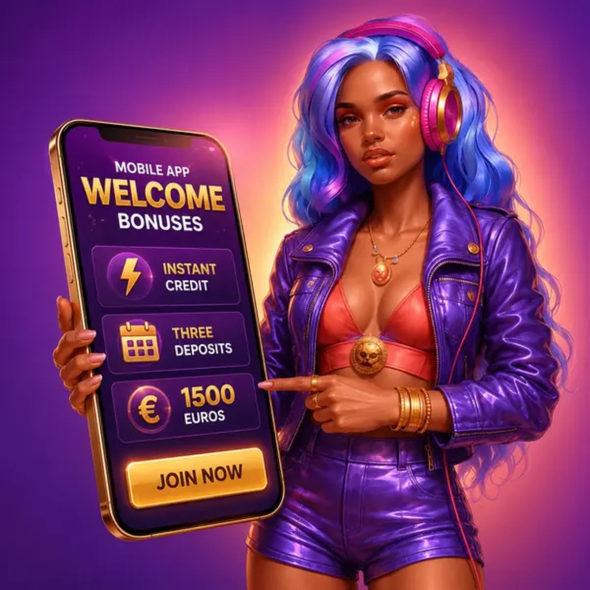 Donna con capelli lavanda che tiene smartphone con bonus di benvenuto dell'app mobile Coolzino