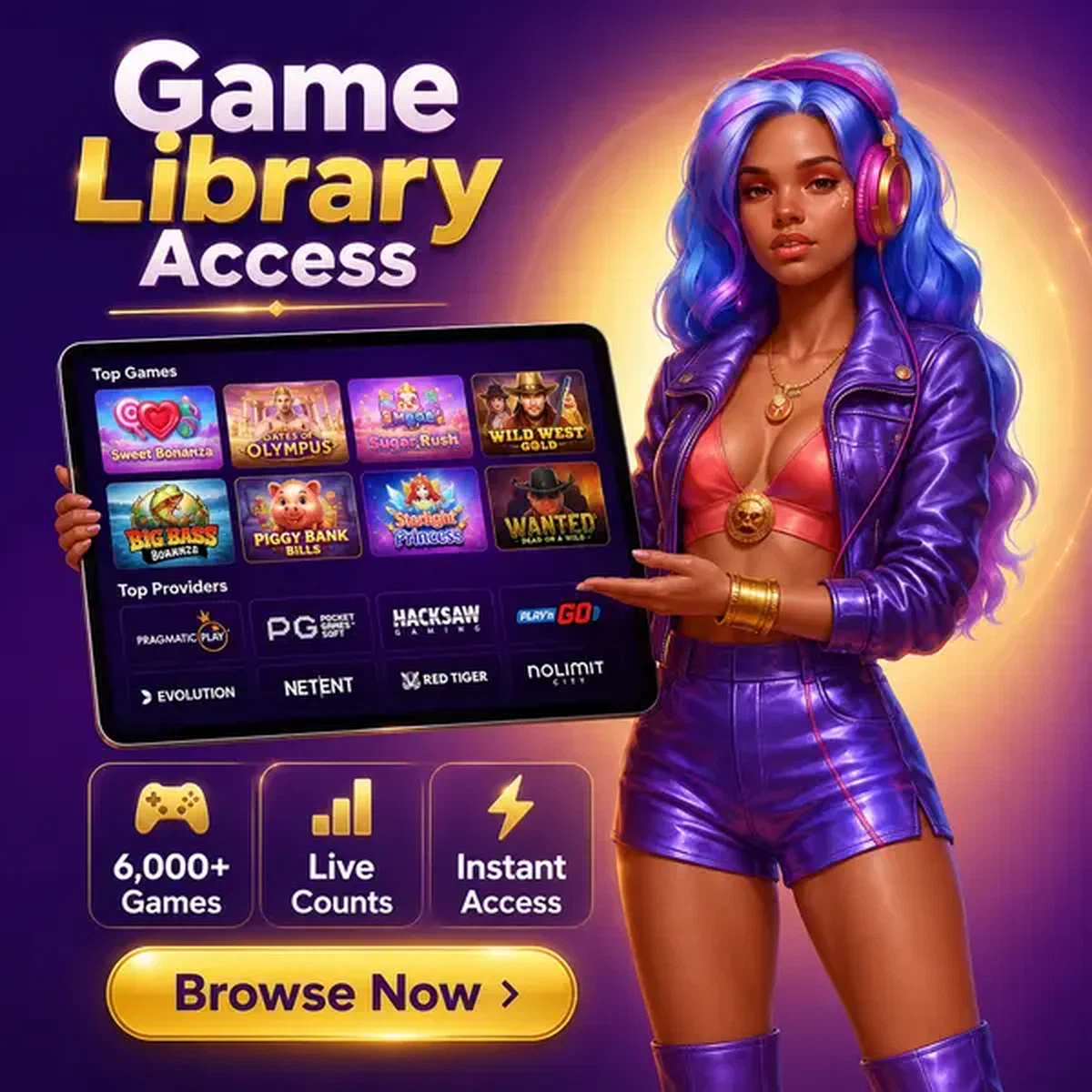 Giocatore che sfoglia oltre 6.000 giochi dopo la registrazione al portale Game Library Access