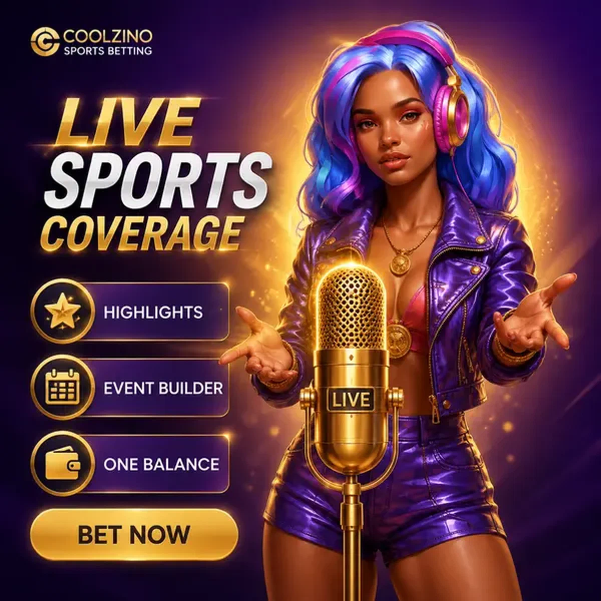 Beatkeeper che ospita copertura sportiva live su Coolzino Sports Betting con microfono dorato